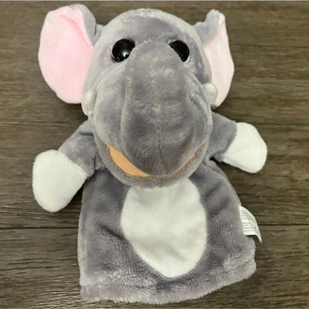Kellytoy Grey Elephant Hand Puppet Plush Stuffed Animal Toy Pink Ears Grey Soft